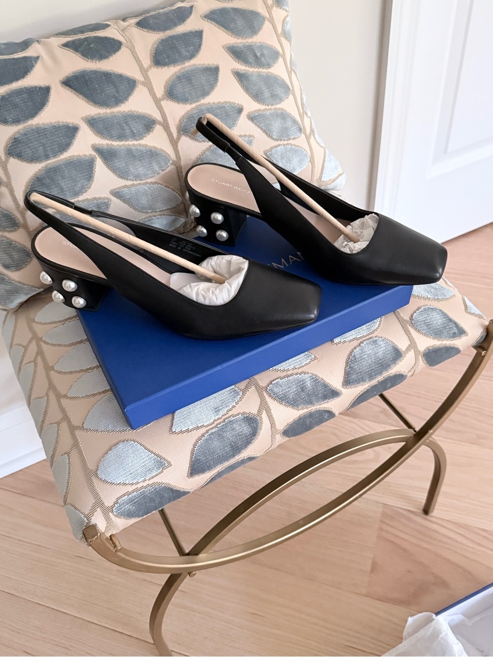 Stuart Weitzman Black Slingback Heels with Pearl-Stud Block Heel